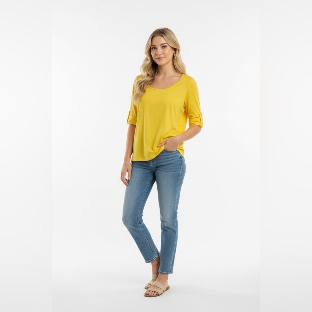 Lauren Ralph Lauren Yellow Scoop Neck Cotton Top Women’s Large Elbow Sleeve